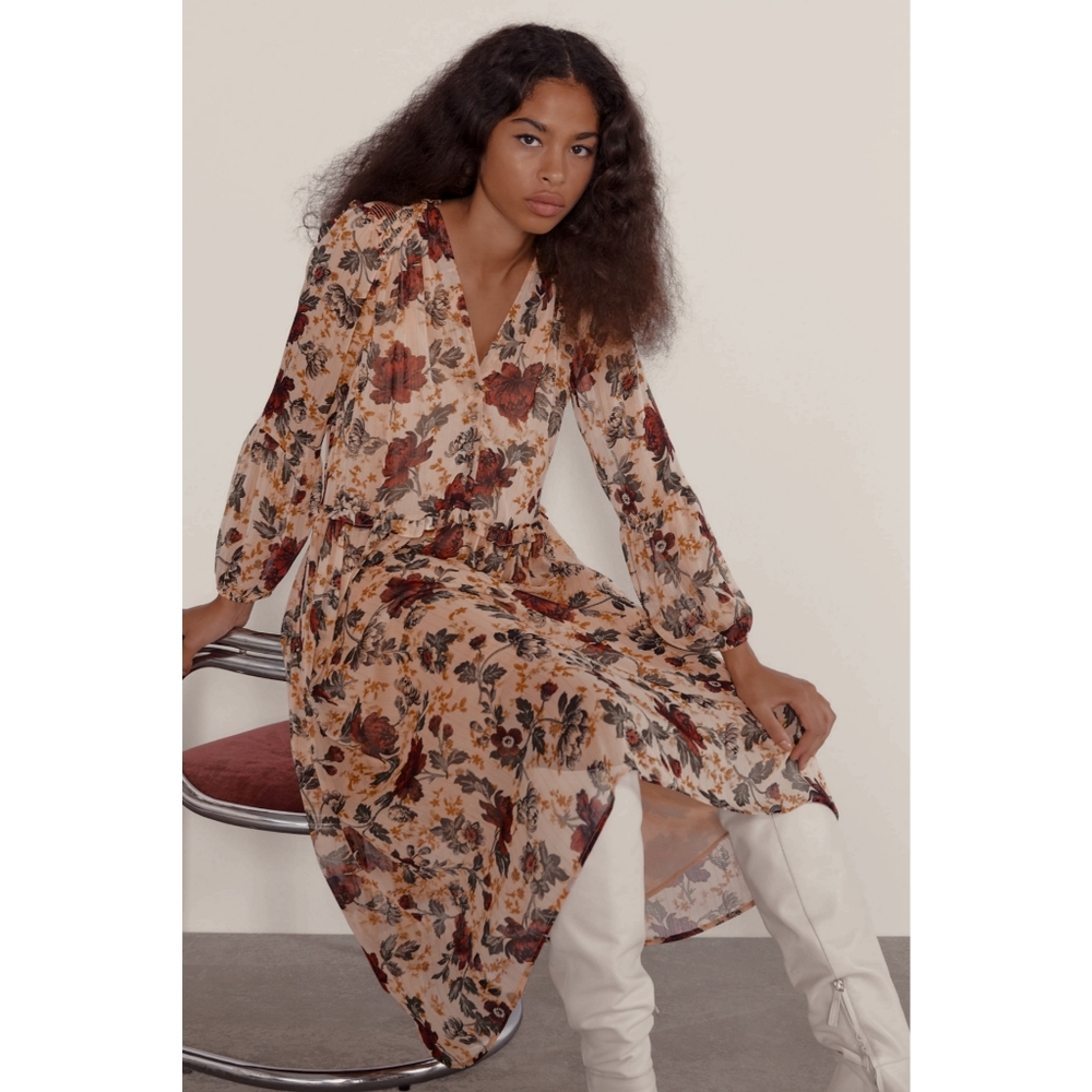 NEW Zara Floral Print Long Sleeve Midi Dress